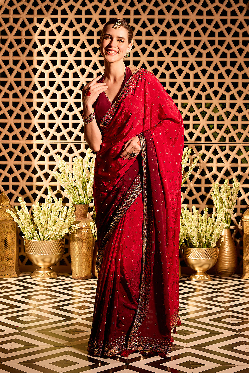 Red Crepe Floral Woven And Embroidered Saree