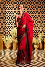 Red Crepe Floral Woven And Embroidered Saree