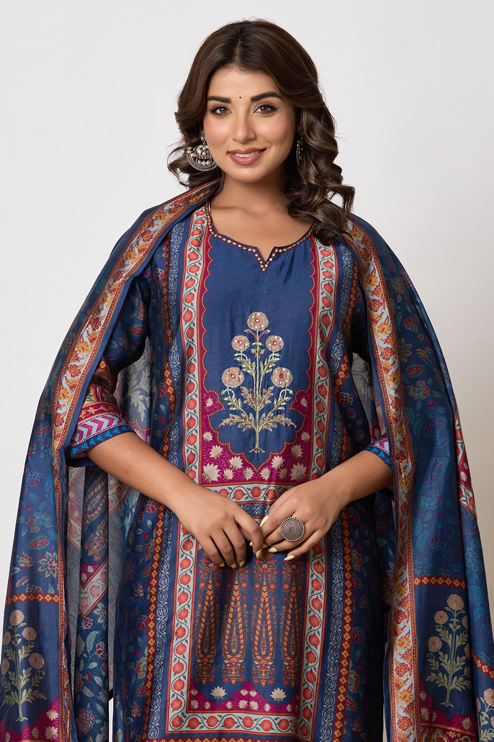 Navy Blue Chanderi Silk Printed Straight Suit