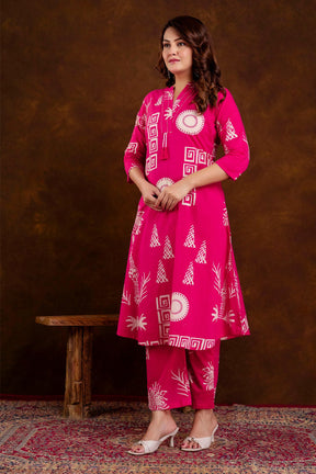 Magenta Block Printed Cotton Printed Kurta Set