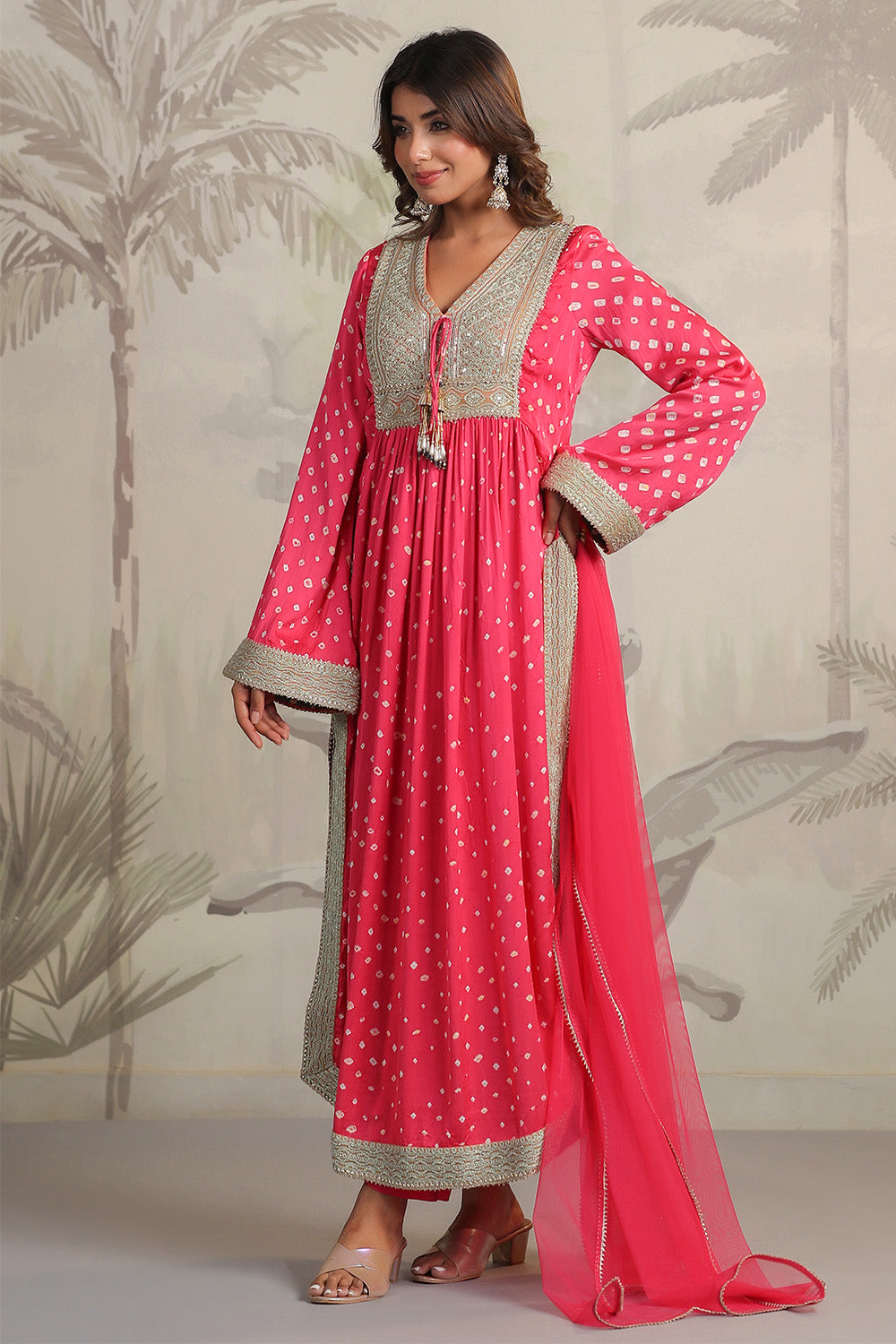 Fuchsia Pink Color Mulberry Silk Bandhani Printed Suit