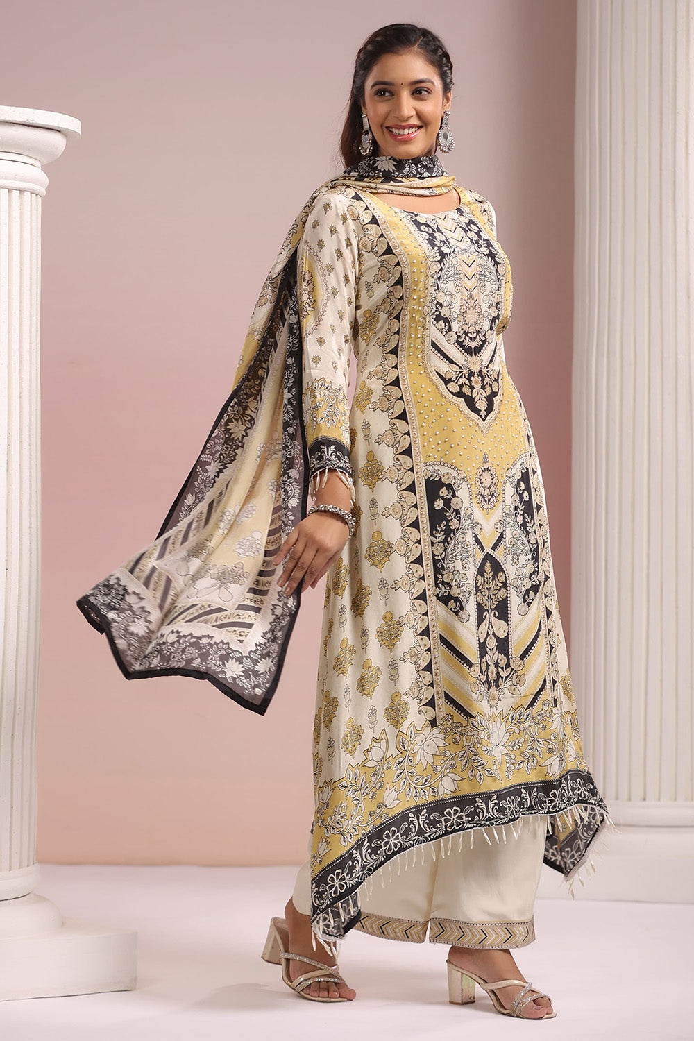 Beige & Mustard Color Crepe Printed Suit