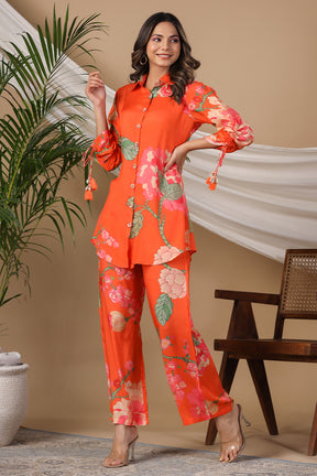 Orange Color Muslin Printed Co-Ord Set