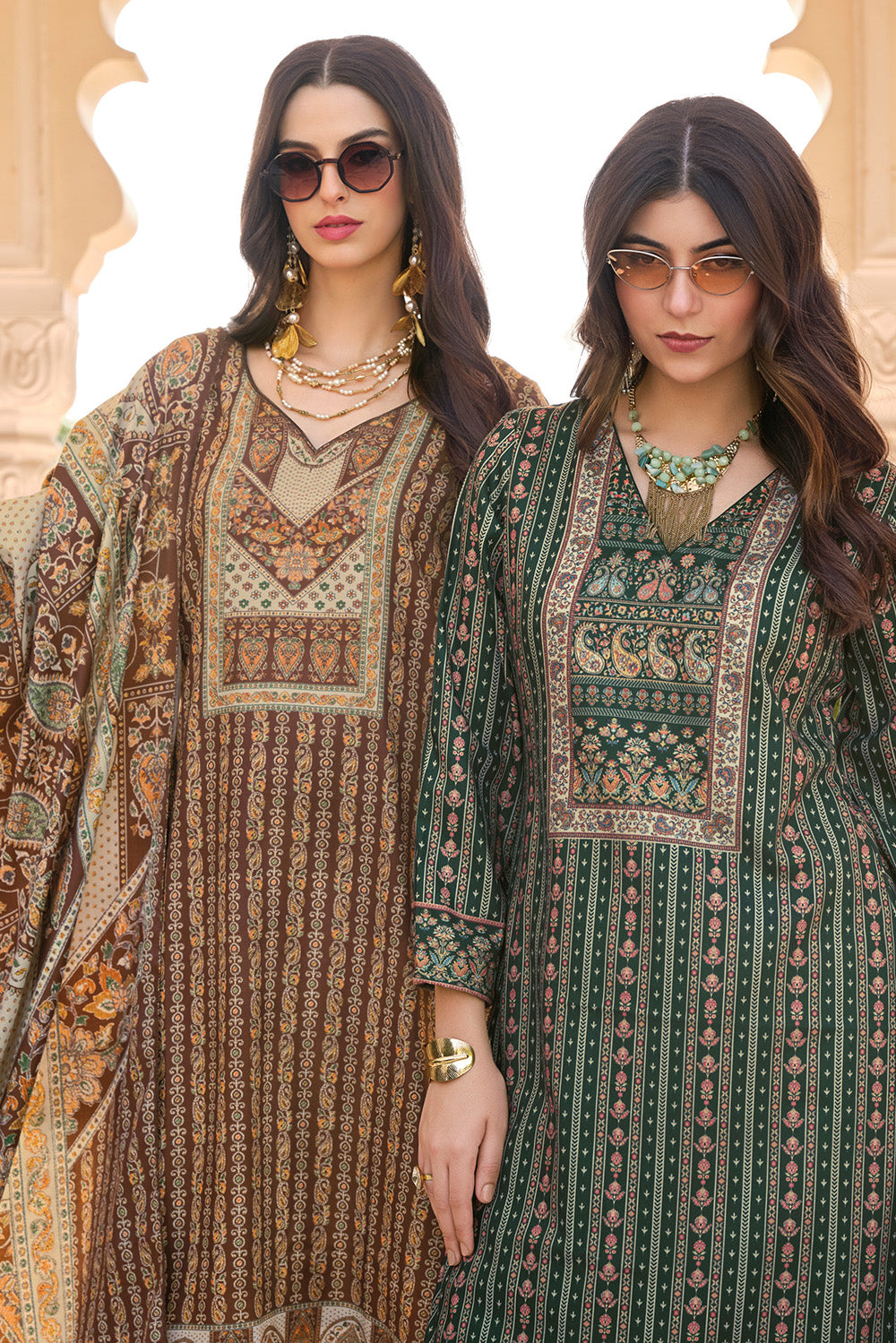 Brown Spun Mughal-Inspired Paisley Printed Unstitched Suits Material