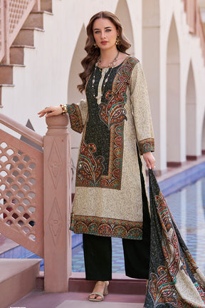 Black & Beige Spun Mughal-Inspired Paisley Printed Unstitched Suits Material