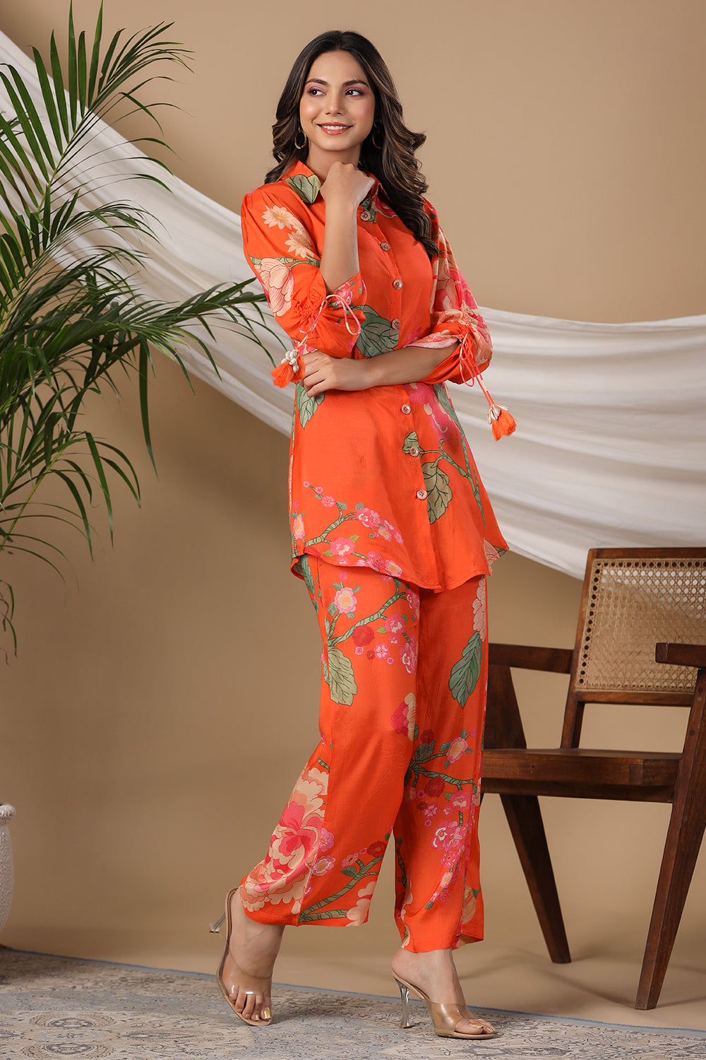 Orange Color Muslin Printed Co-Ord Set