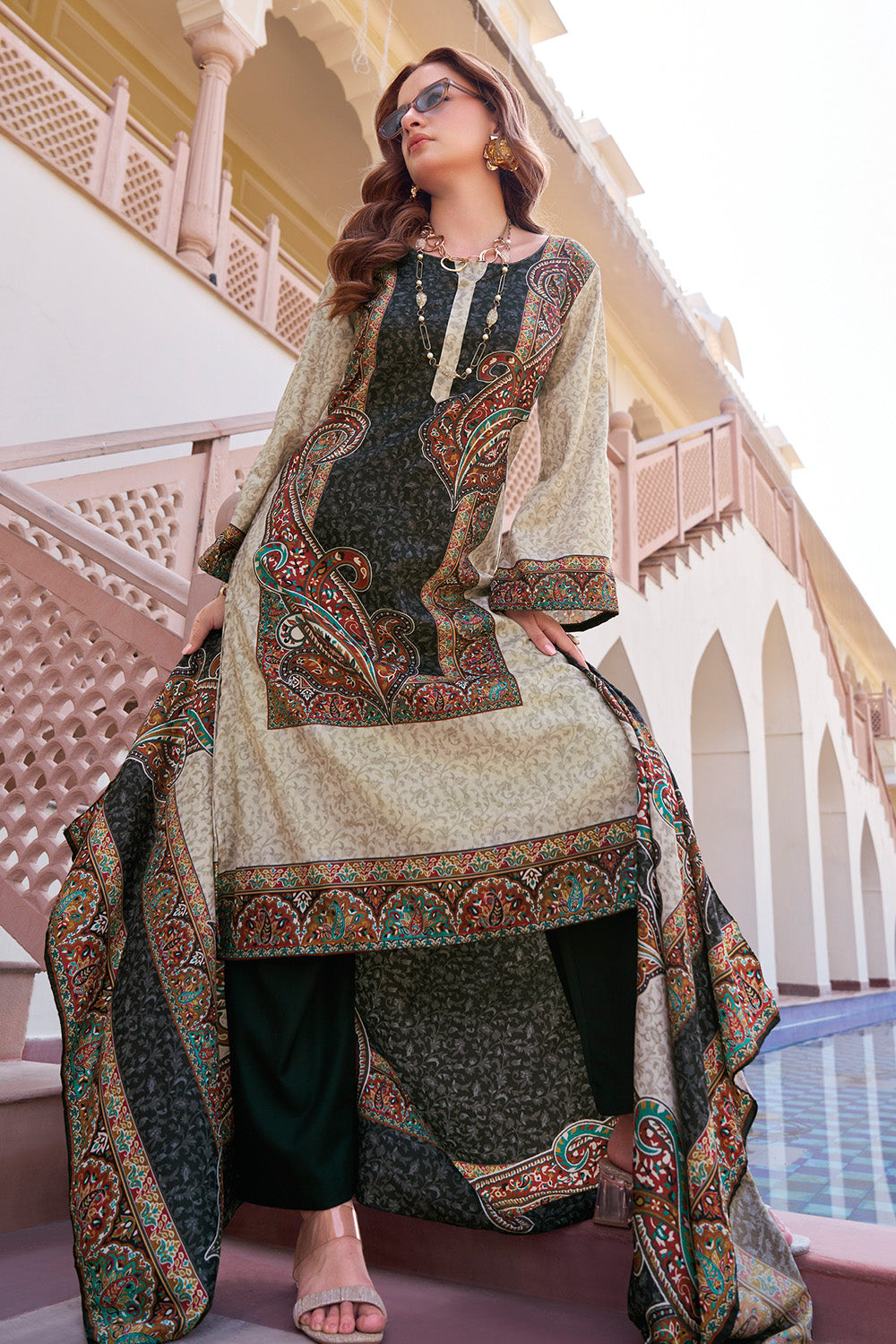 Black & Beige Spun Mughal-Inspired Paisley Printed Unstitched Suits Material