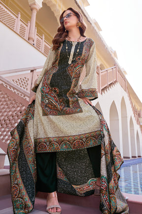Black & Beige Spun Mughal-Inspired Paisley Printed Unstitched Suits Material