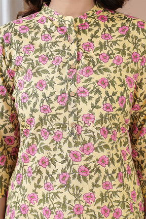 Yellow Color Cotton Floral Printed Kurti