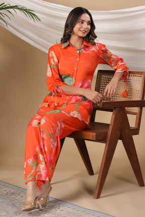 Orange Color Muslin Printed Co-Ord Set