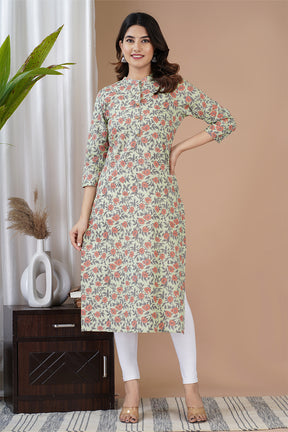 Green Color Cotton Floral Printed Kurti