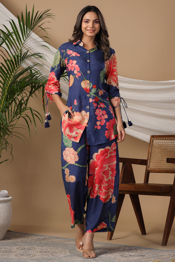 Navy Blue Color Muslin Printed Co-Ord Set