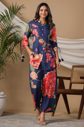 Navy Blue Color Muslin Printed Co-Ord Set