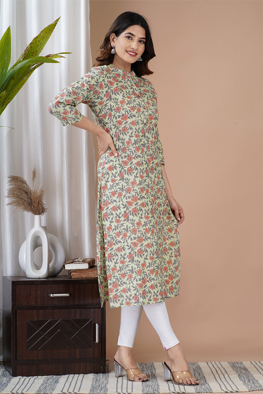 Green Color Cotton Floral Printed Kurti