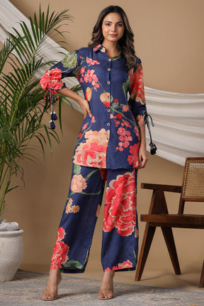 Navy Blue Color Muslin Printed Co-Ord Set