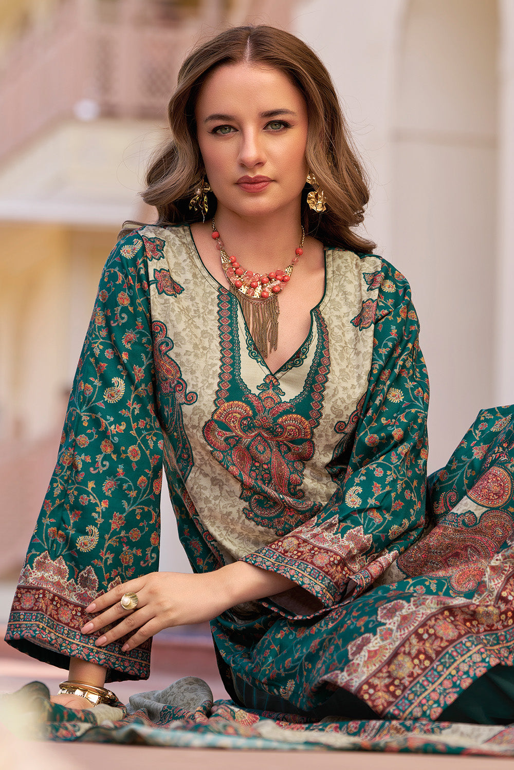 Teal & Beige Spun Mughal-Inspired Paisley Printed Unstitched Suits Material