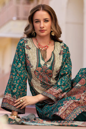 Teal & Beige Spun Mughal-Inspired Paisley Printed Unstitched Suits Material