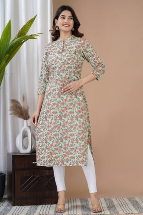 Green Color Cotton Floral Printed Kurti