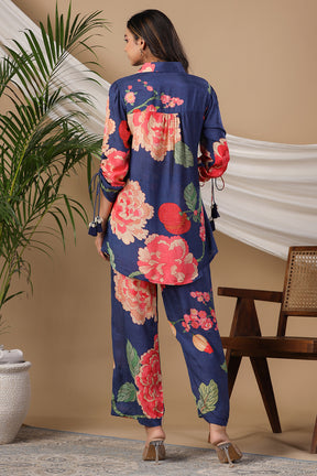 Navy Blue Color Muslin Printed Co-Ord Set