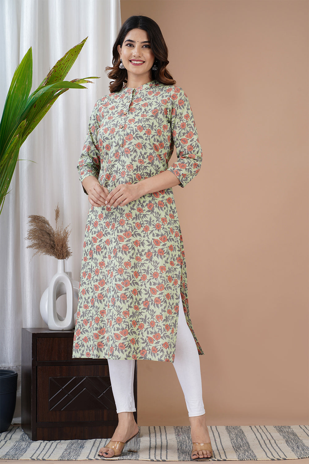 Green Color Cotton Floral Printed Kurti