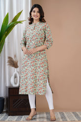 Green Color Cotton Floral Printed Kurti