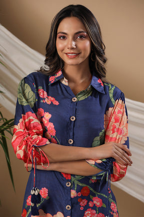 Navy Blue Color Muslin Printed Co-Ord Set