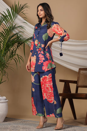 Navy Blue Color Muslin Printed Co-Ord Set