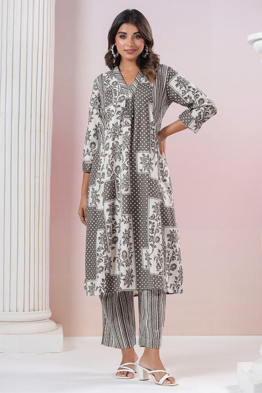 Grey & Cream Color Cotton Printed Co_ord Set