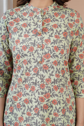 Green Color Cotton Floral Printed Kurti