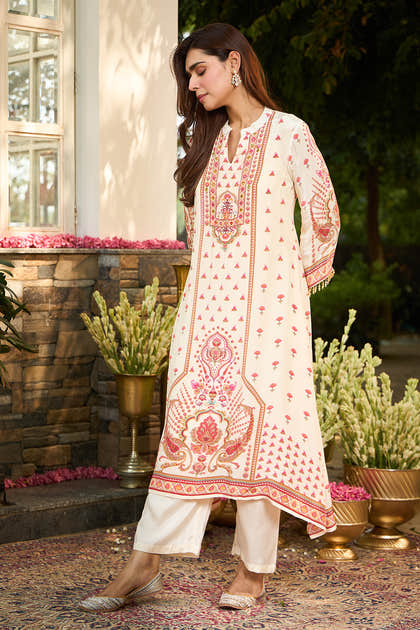 Cream Crepe Silk Printed Kurta Set