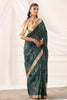 Bottle Green Tussar Silk Floral Printed and Zari Woven Saree
