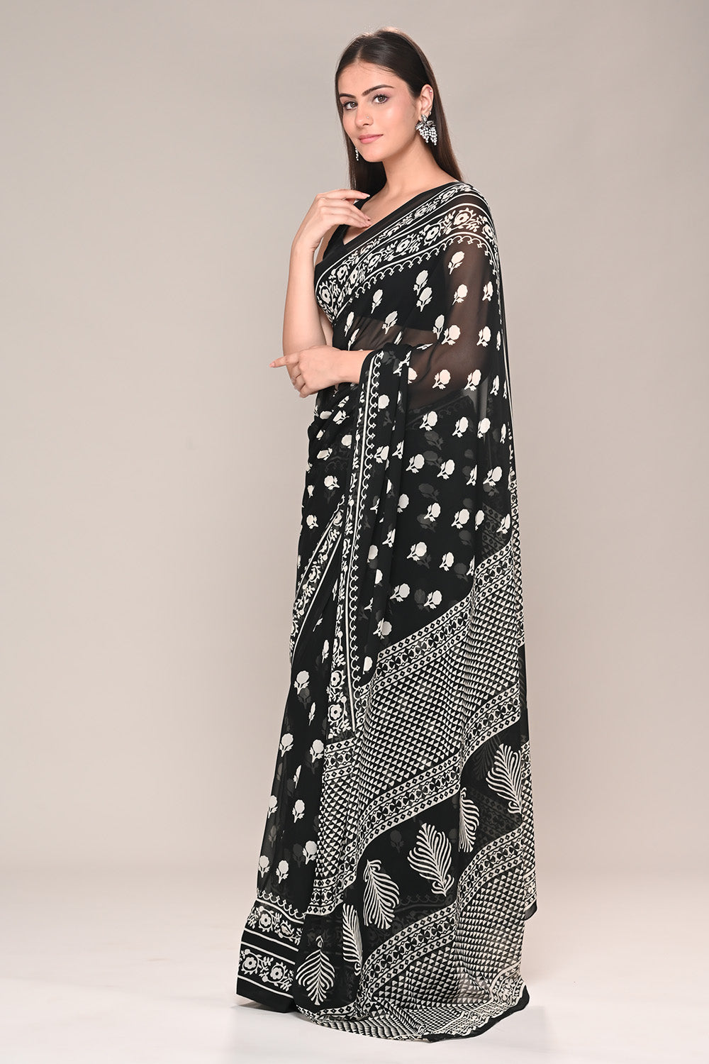 Black Color Printed Georgette Saree