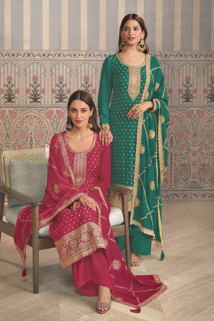 Teal Color Silk Embroidered Unstitched Suit Fabric
