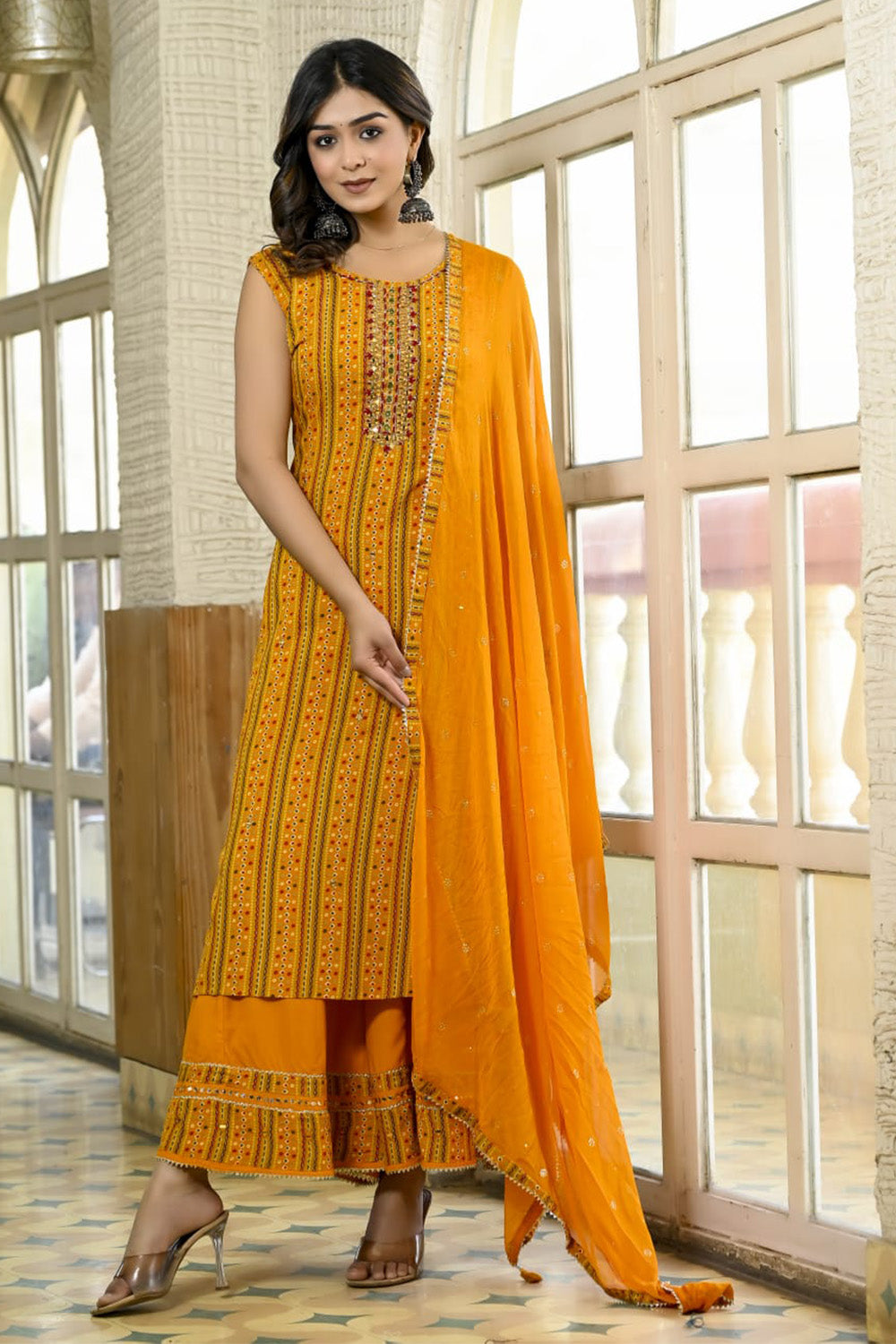 Mustard Color Rayon Bhandhani Printed Suit With Sharara