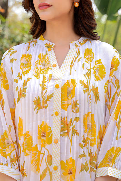 Cream & Yellow Cotton Floral Printed Kurta Set