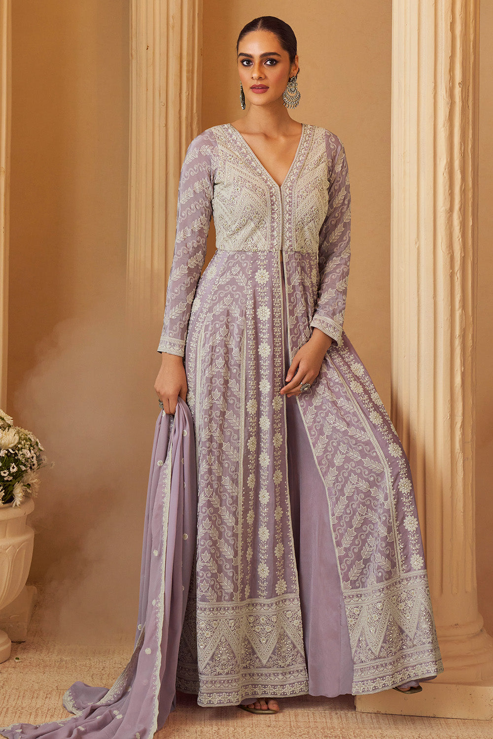 Light Mauve Georgette Resham Embroidered Frount Slit Floor Lenght Suit With Palazzo