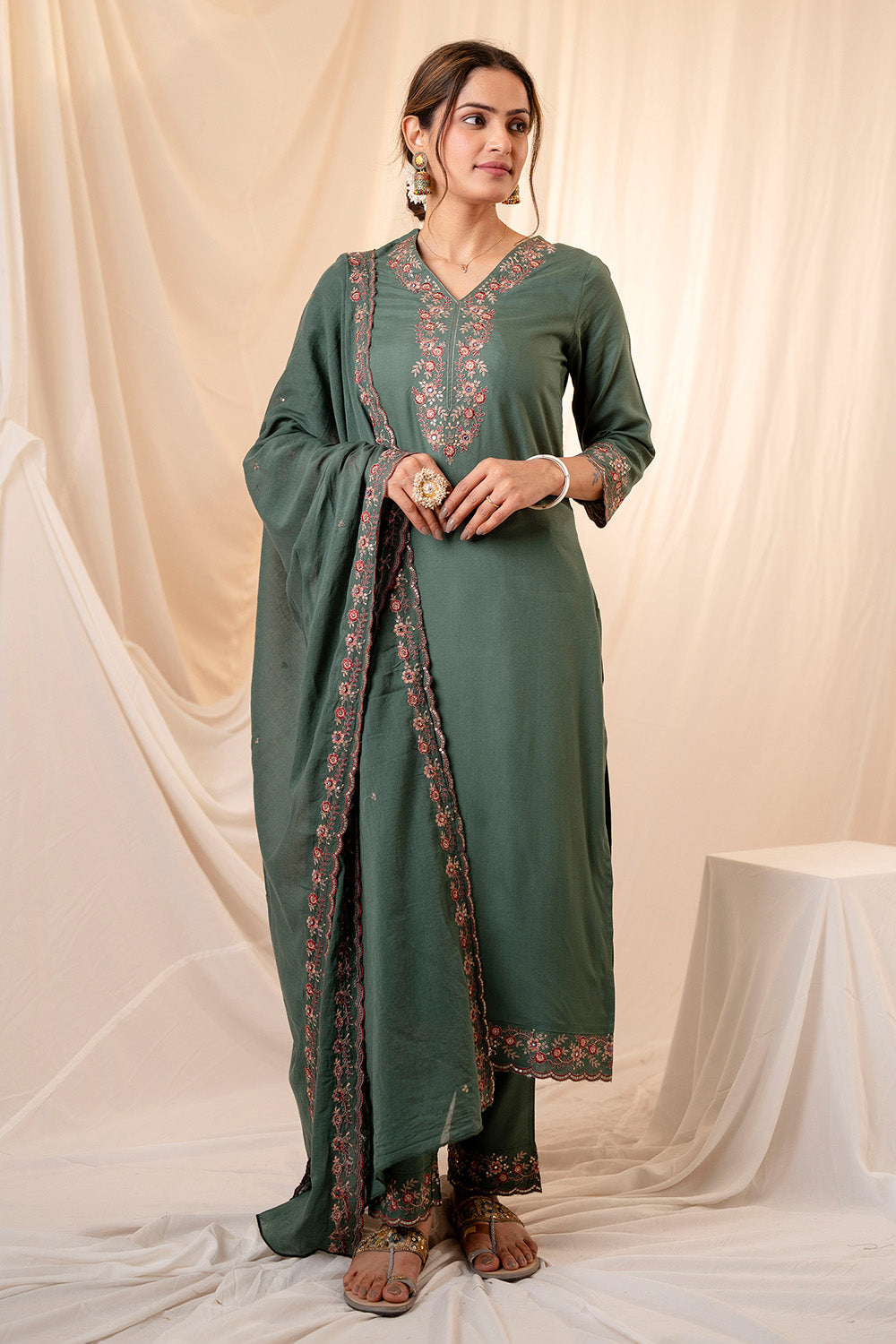 Green Color Cotton Neck Embroidered Suit Set