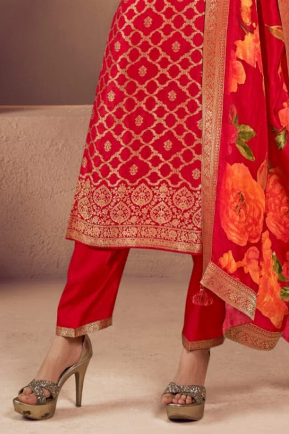 Red Zari Woven & Embroidered Silk Suit