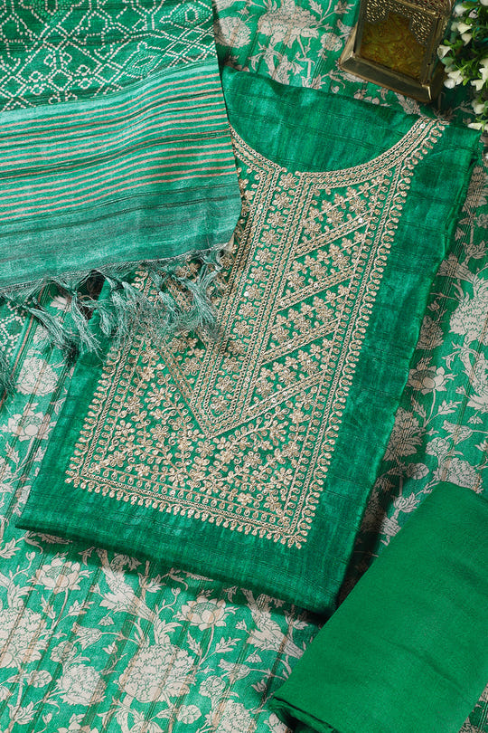 Green Tussar Silk Neck Zari Embroidered Unstitched Suit