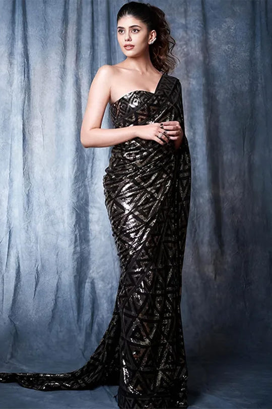 Black Color Sequins Georgette Saree