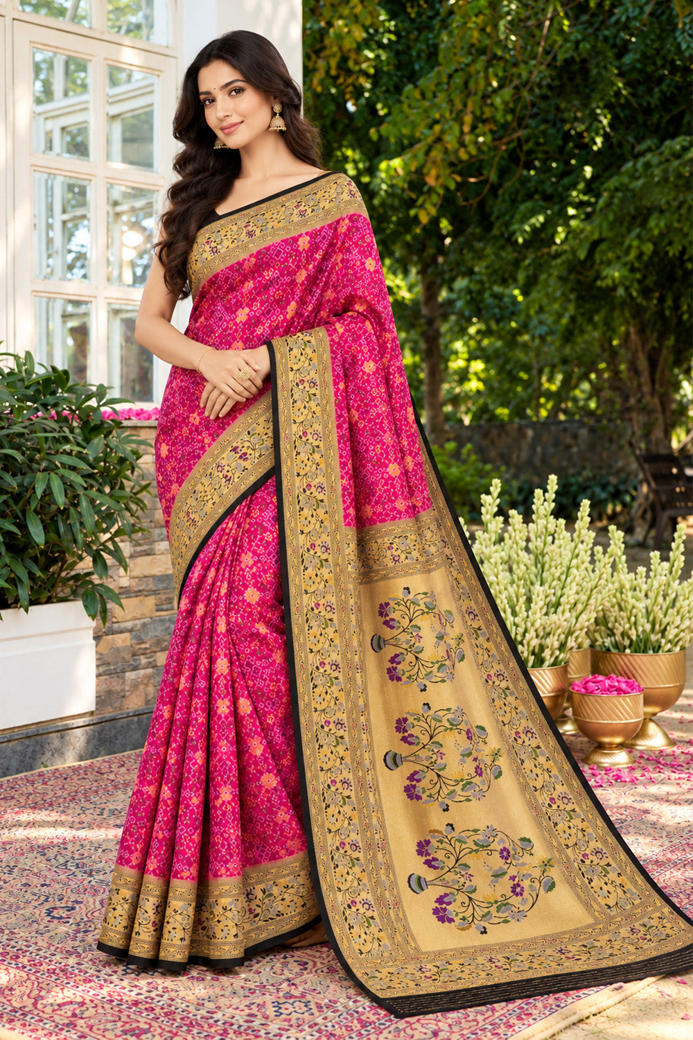 Magenta Silk Printed And Woven Border Saree