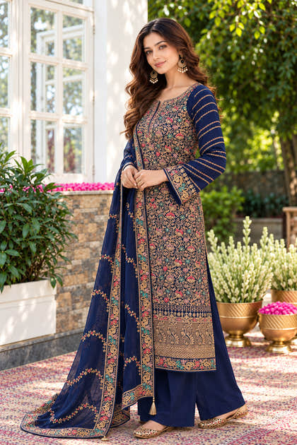 Navy Floral Embroidered Georgette Unstitched Suit Material