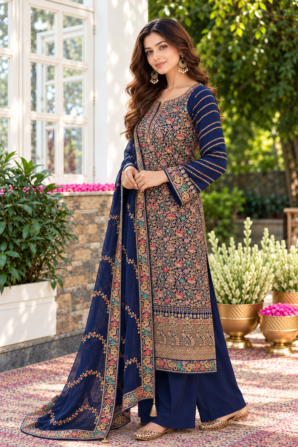 Navy Floral Embroidered Georgette Unstitched Suit Material