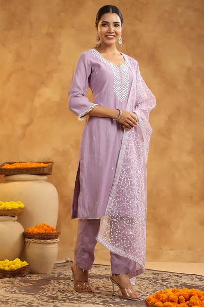 Light Lavender Color Cotton Neck Embroidered Unstitched Suit Fabric