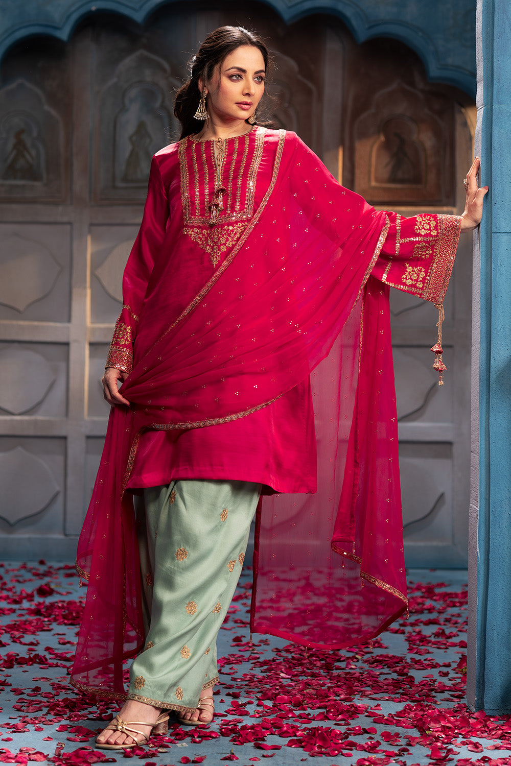 Cherry Red Sequins And Zari Embroidered Silk Suit Set