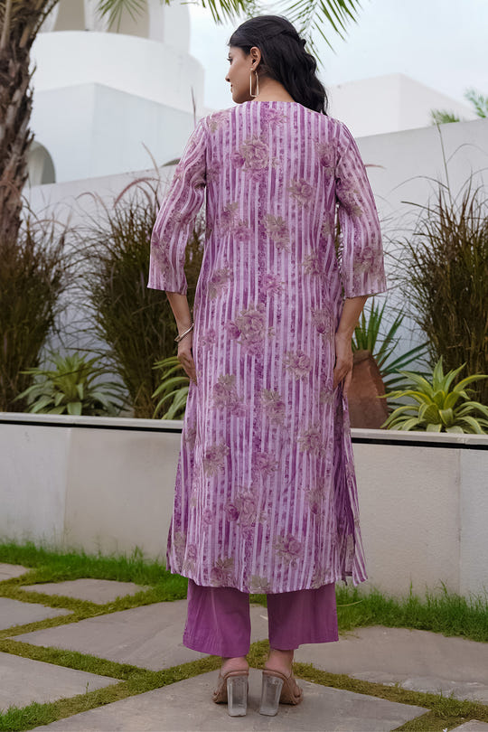 Lavender Floral Printed Muslin Kurta Set