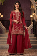 Red Crepe Silk Cut-Dana Embroidered Suit With Embroidered Palazzo