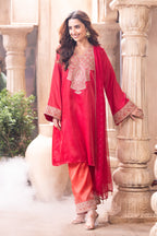 Cherry Red Zari & Sequins Embroidered Silk Suit