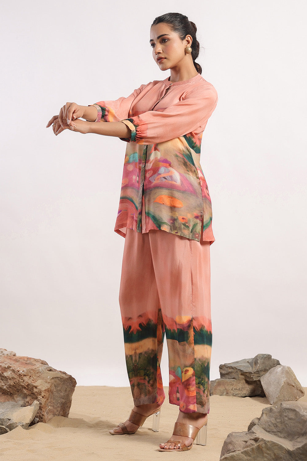 Peach Colour Muslin Printed Co-Ord Dress