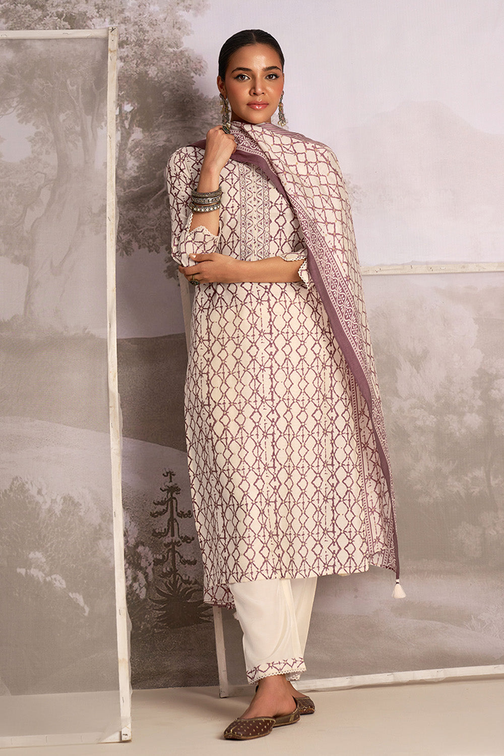 Cream & Rust Color Muslin Printed Suit